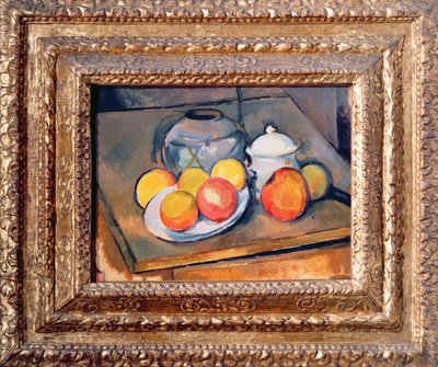 Jarrón cubierto de paja, azucarero y manzanas, 1890-93 de Paul Cézanne